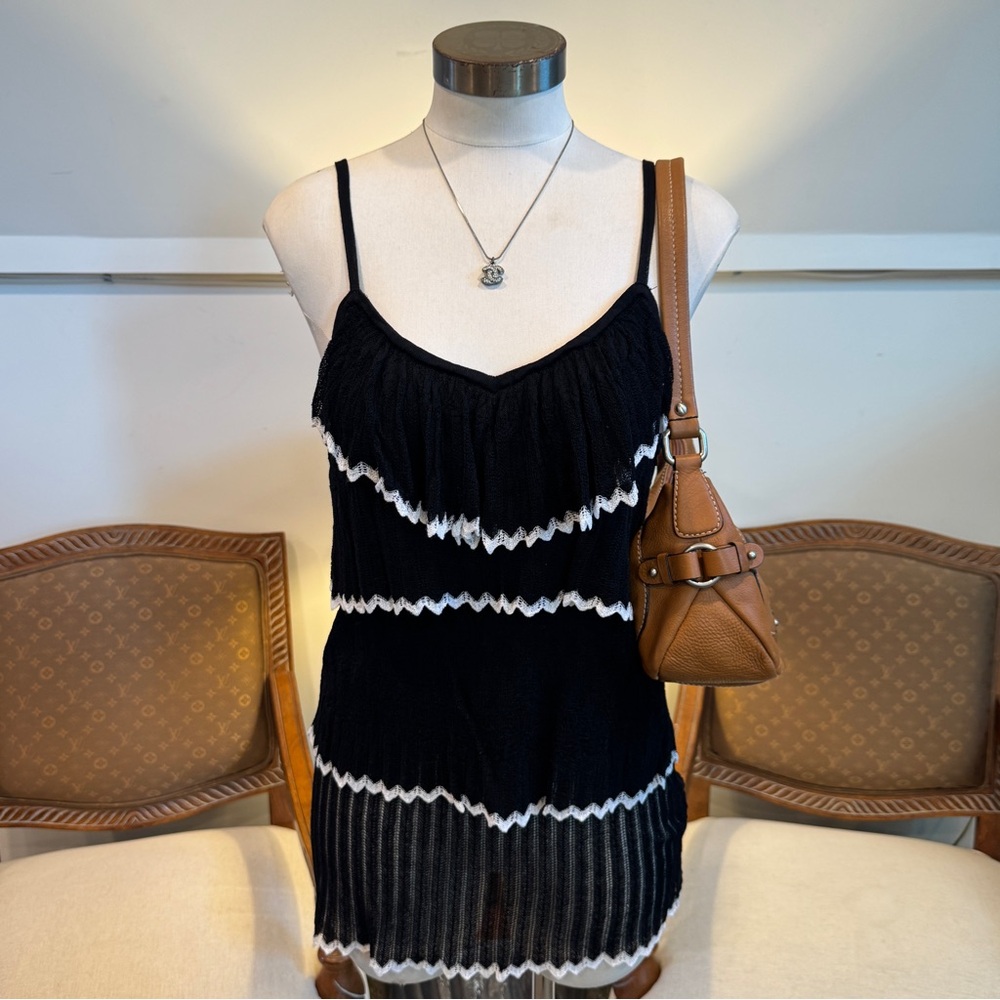 Vintage Cache Y2K Black Cami Tank Top w Tiered Ruffles & Lace Details, Women’s L